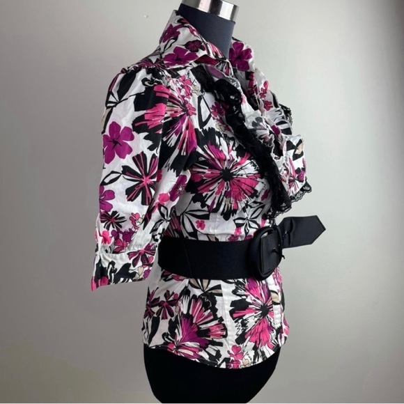 Bebe Floral Print Pink Multicolor Ruffle Layered Collar Belted V-Neck Blouse - Picture 6 of 11